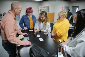 Students working on fingerprinting in the Vol State Criminal Lab (photo courtesy of Public Relations) 