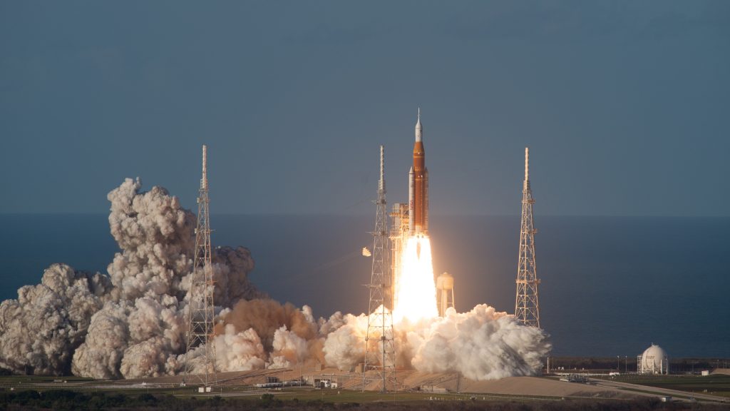 Artemis II Rocket launching from launchpad at the Kennedy Space Center in Florida