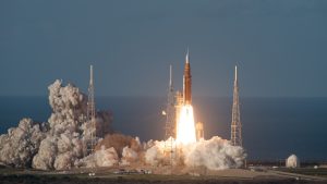 Artemis II Rocket launching from launchpad at the Kennedy Space Center in Florida