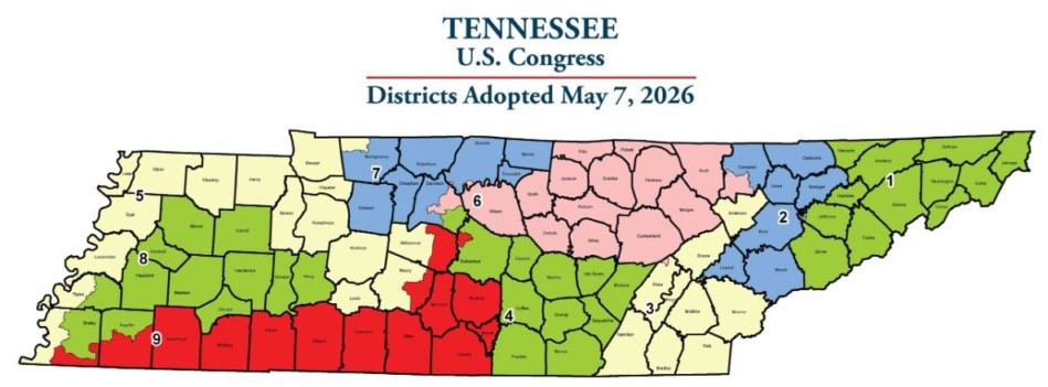 Map of Tennessee divided into the congressional districts.