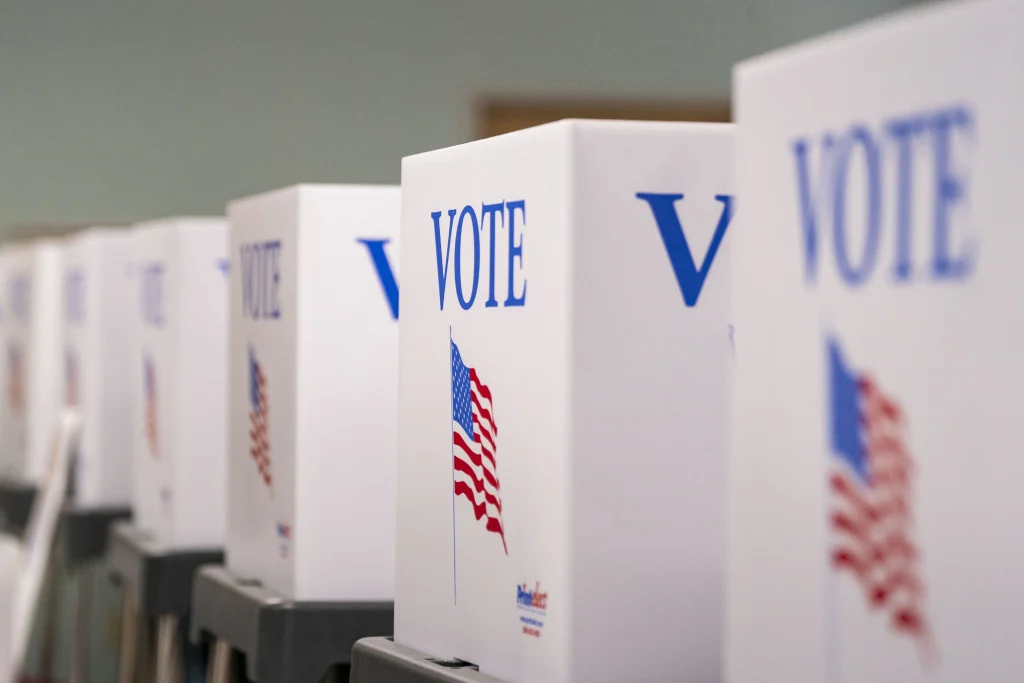 Photo of voting booths in a row.